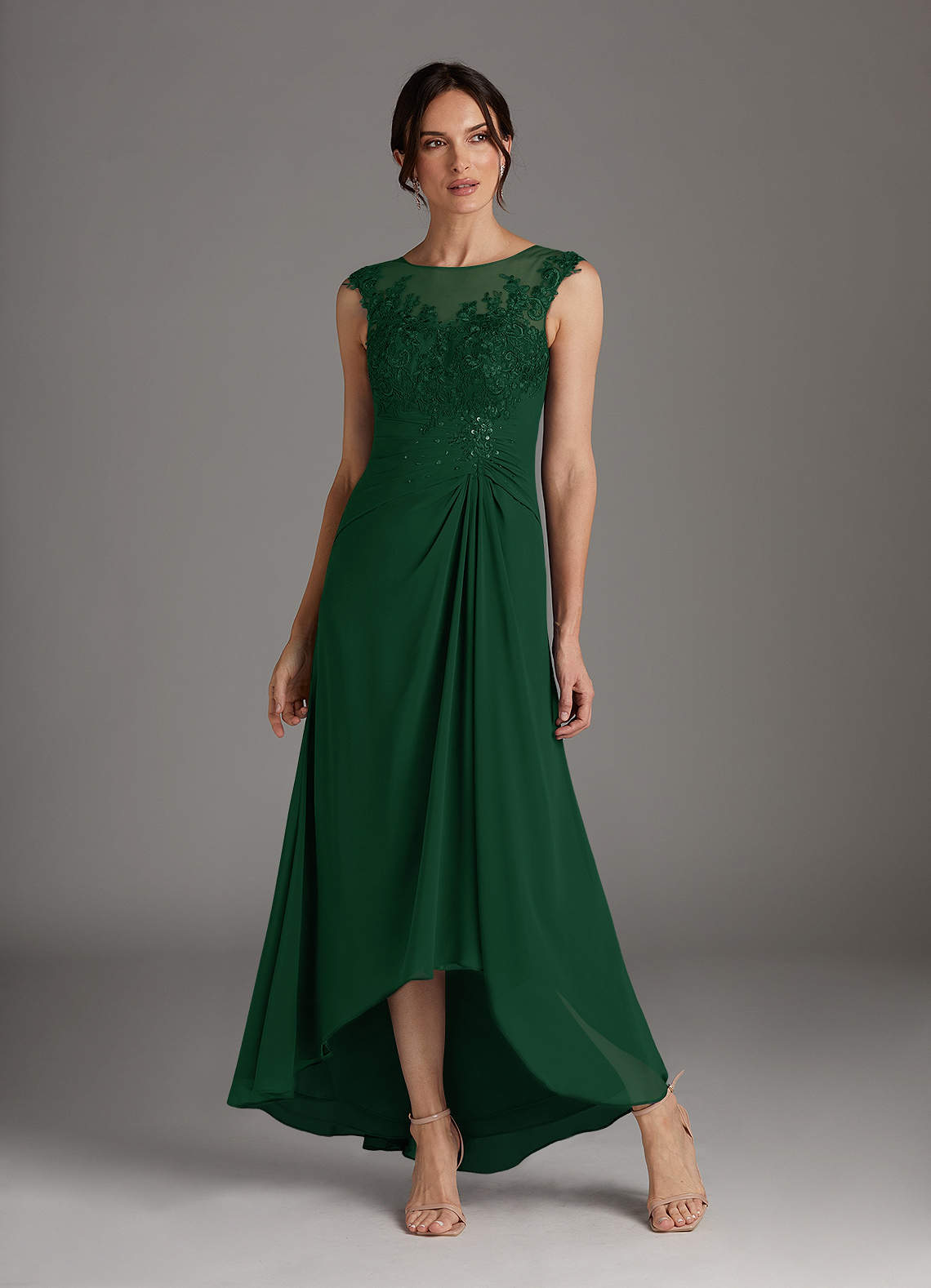 Azazie Endora Dark Green A-Line Scoop Lace Chiffon Dress | Azazie