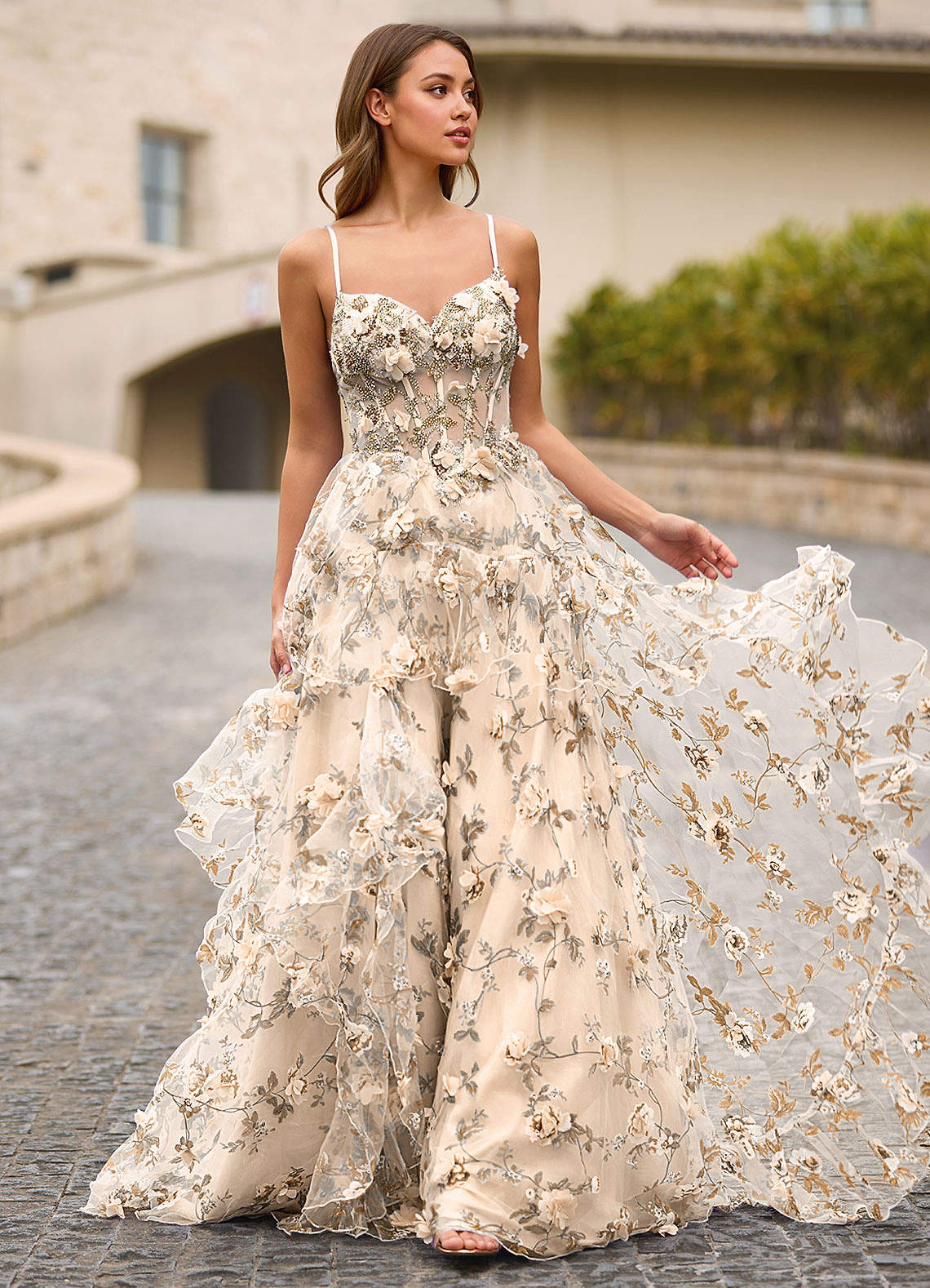 Azazie Light Apricot Corset 3D Flowers Spaghetti Strap Formal Dress Azazie Light Apricot Corset 3D Flowers Spaghetti Strap Formal Dress