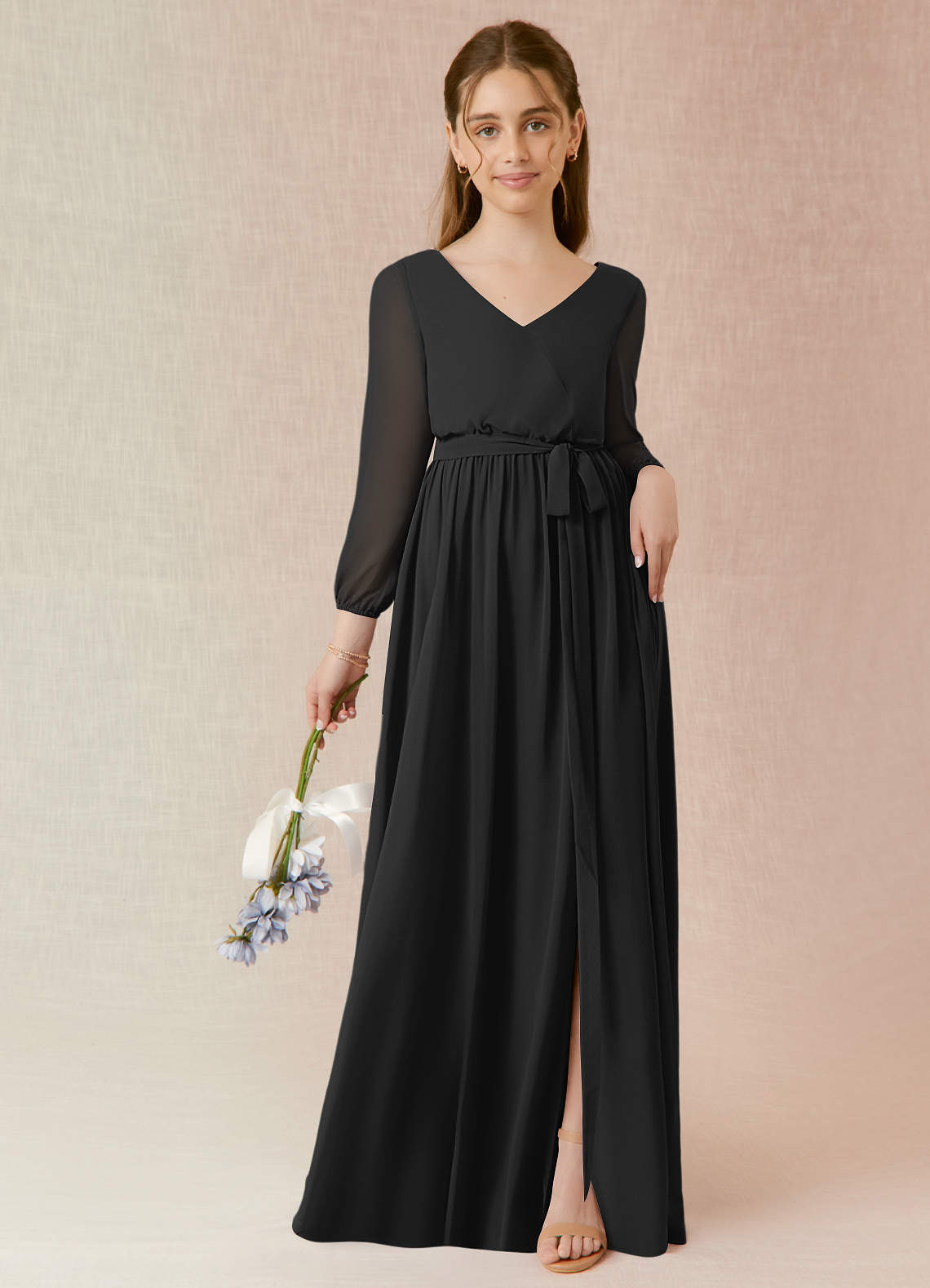 Azazie Angelica Junior Abito A-Line in Chiffon Plissettato Nero image1