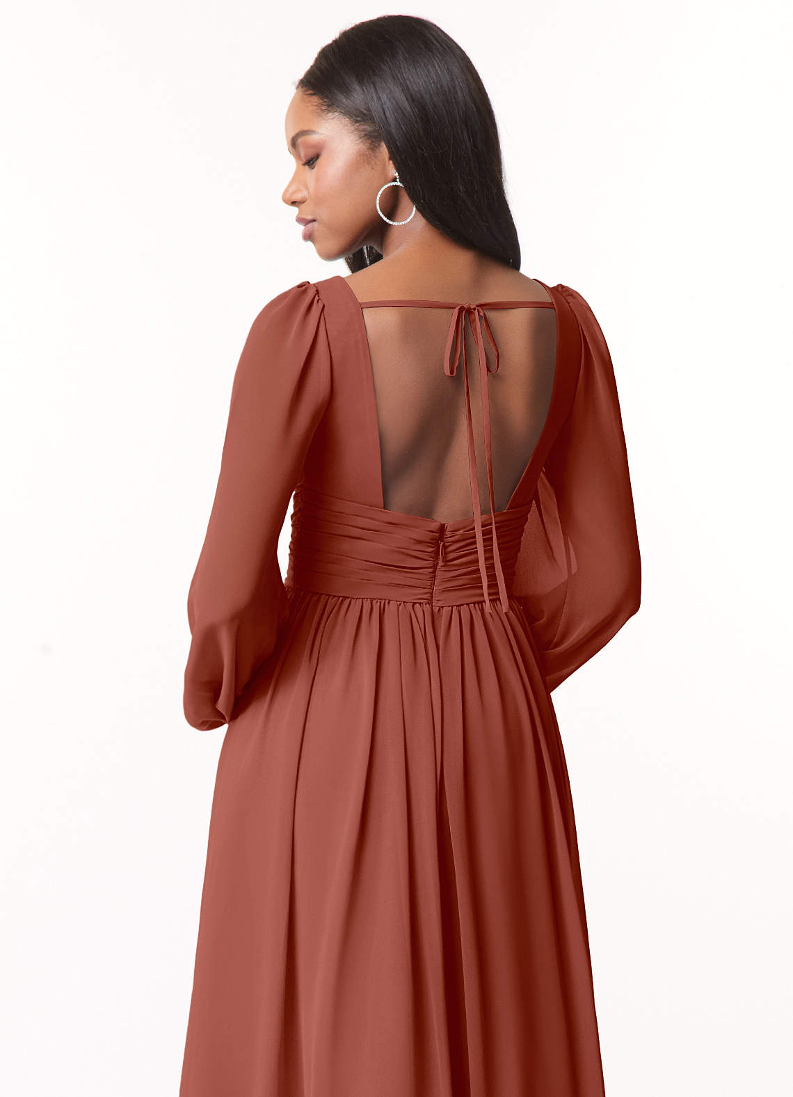 Azazie Norah Bridesmaid Dresses Auburn A-Line V-Neck Long Sleeve Chiffon Dress image2