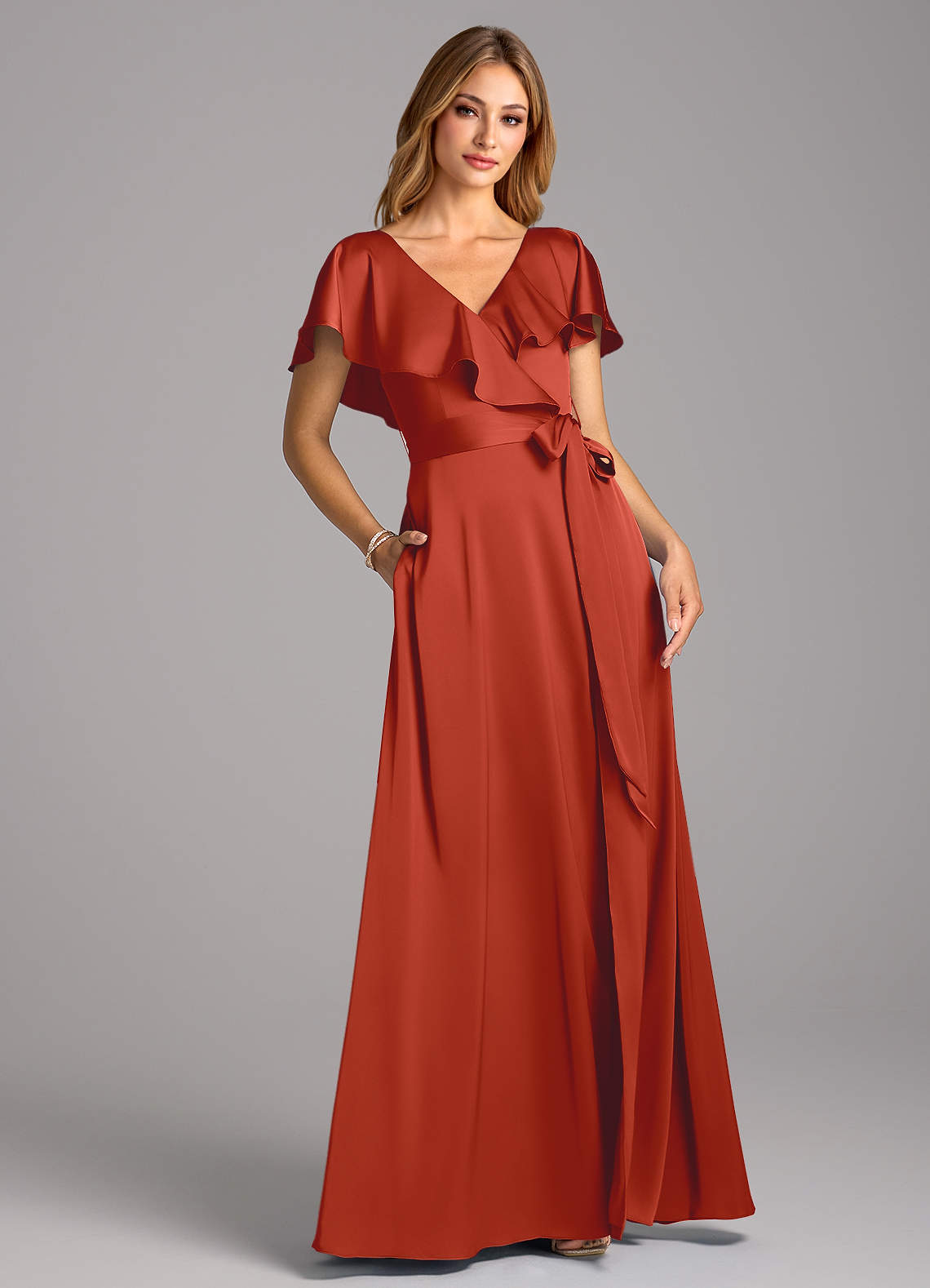 Azazie Lainey Robes de demoiselle d'honneur Robe Trapèze en Satin extensible avec poches Rouille image1
