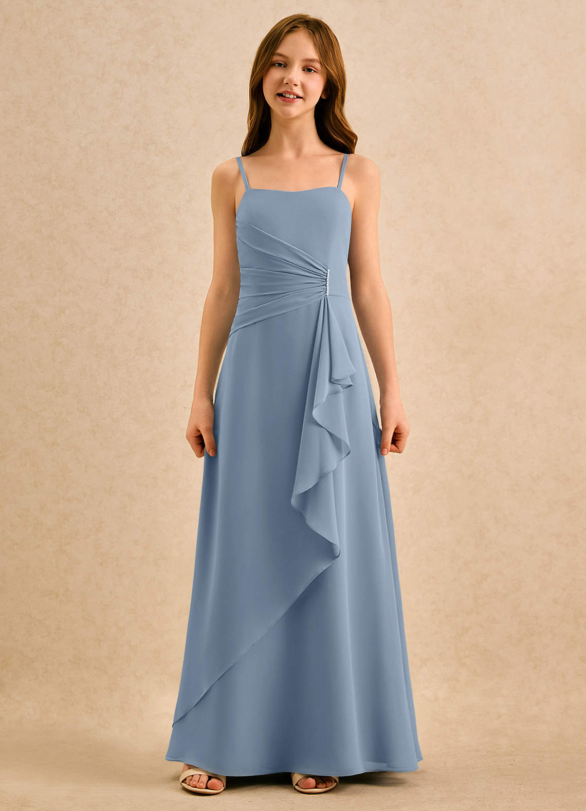 Azazie lolly Girls Formal Robe Demoiselle D'honneur Fillette Robe Trapèze en Mousseline de soie Plissée Bleu Poussiéreux image3