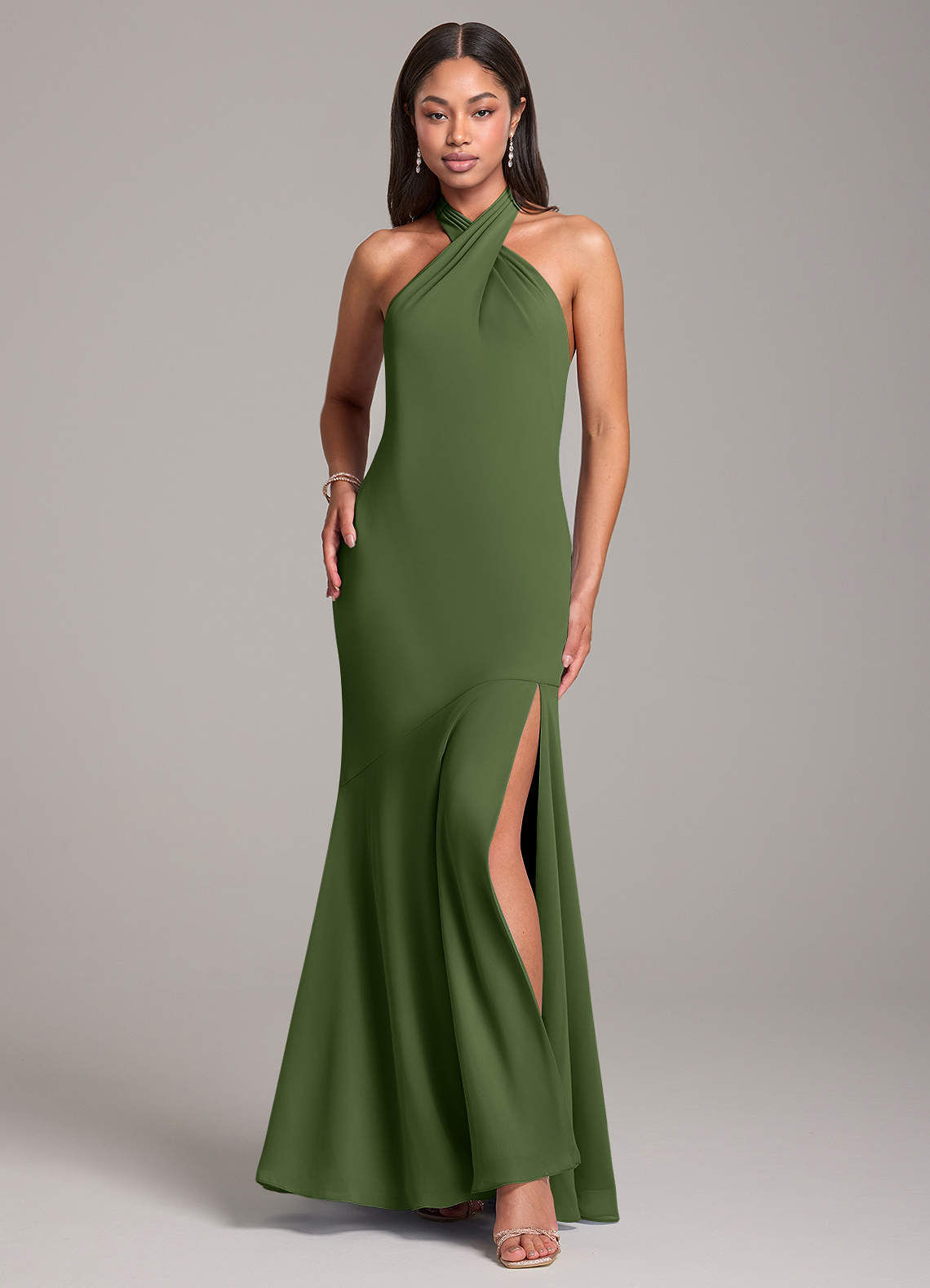 Azazie Lorena Bridesmaid Dresses Olive Mermaid Pleated Chiffon Dress image1