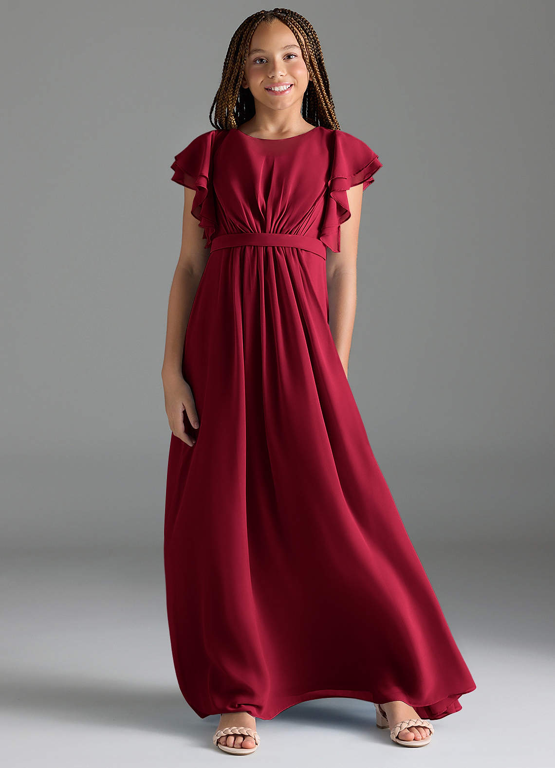 Azazie Daphne Junior Robe Trapèze en Mousseline de soie Plissée Bourgogne image1