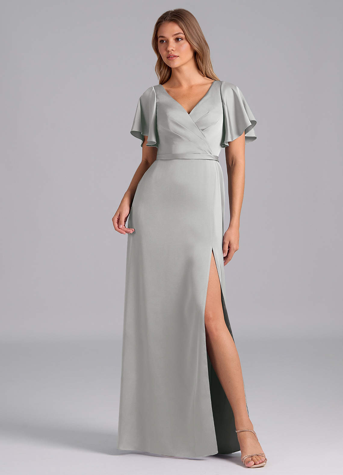 Azazie Ambrosia Silver Stretch Satin Bridesmaid Dresses | Azazie
