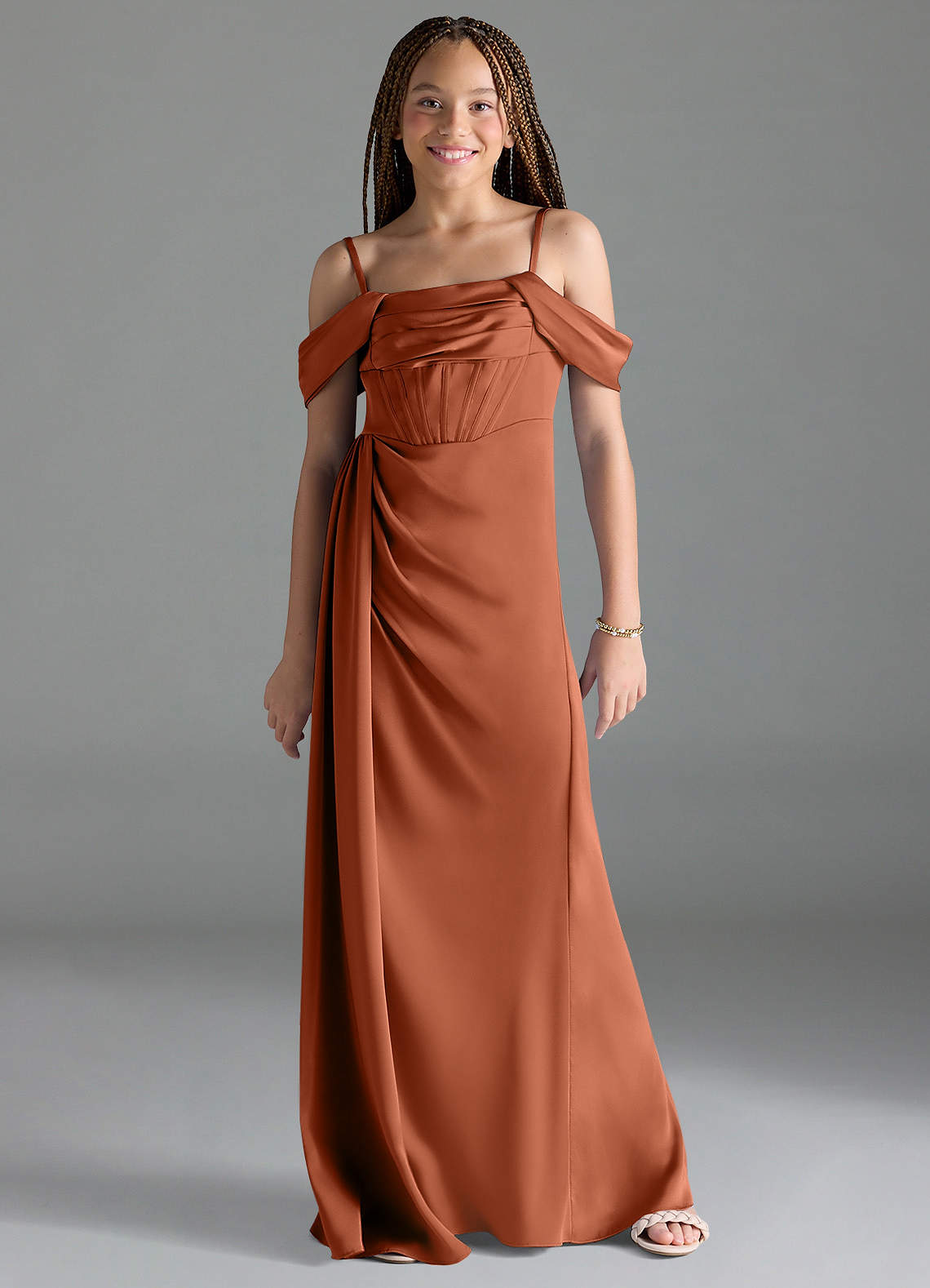 Azazie Amyra Junior Cedar Rose Sheath Off the Shoulder Stretch Satin Dress image1