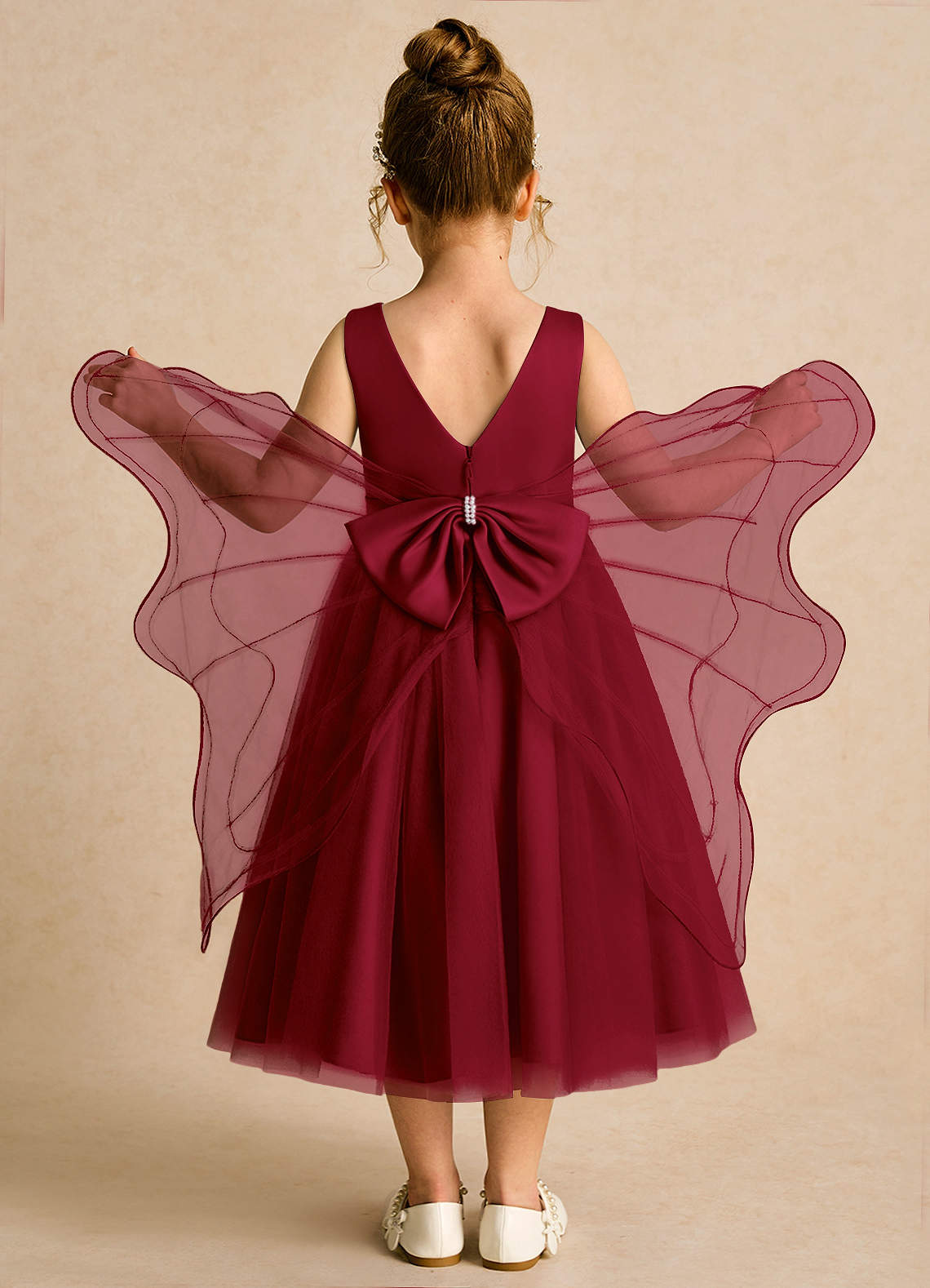Azazie Pear Flower Girl Dresses Burgundy Ball-Gown Bow Tulle Dress image1