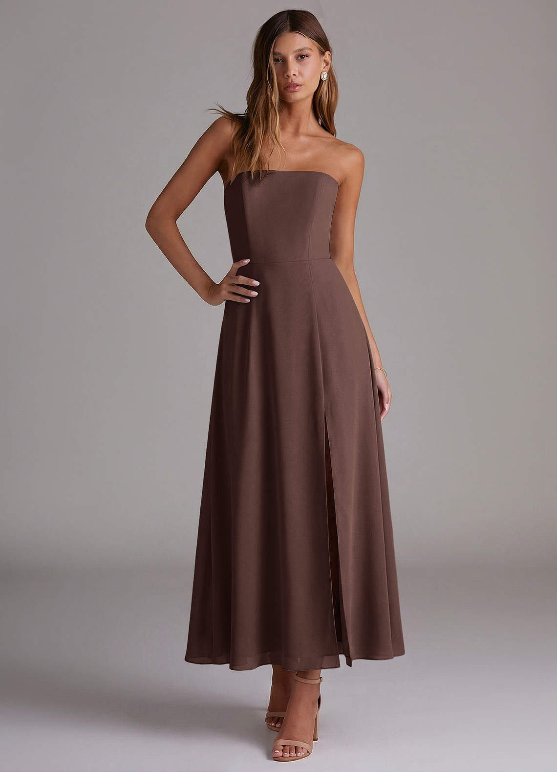 Azazie Wren Vestidos de madrinha de casamento Vestido Ganache de Chiffon de Linha A com Sem alças image4