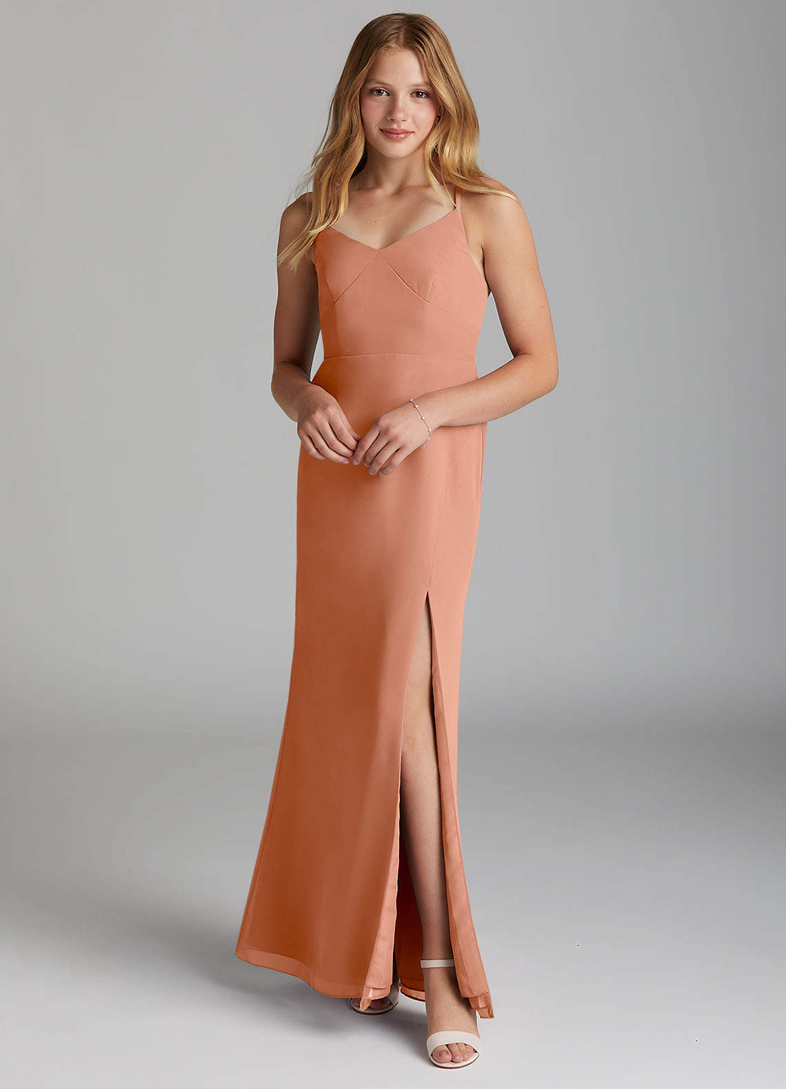 Azazie Becca Junior Champagne Rose Mermaid Chiffon Dress image1