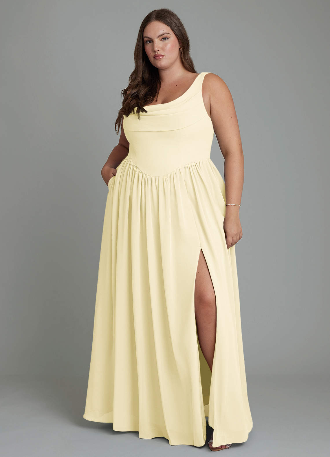Azazie Novi Brautjungfernkleider A-Linie Plissee Chiffon Kleid Zitronensorbet image1