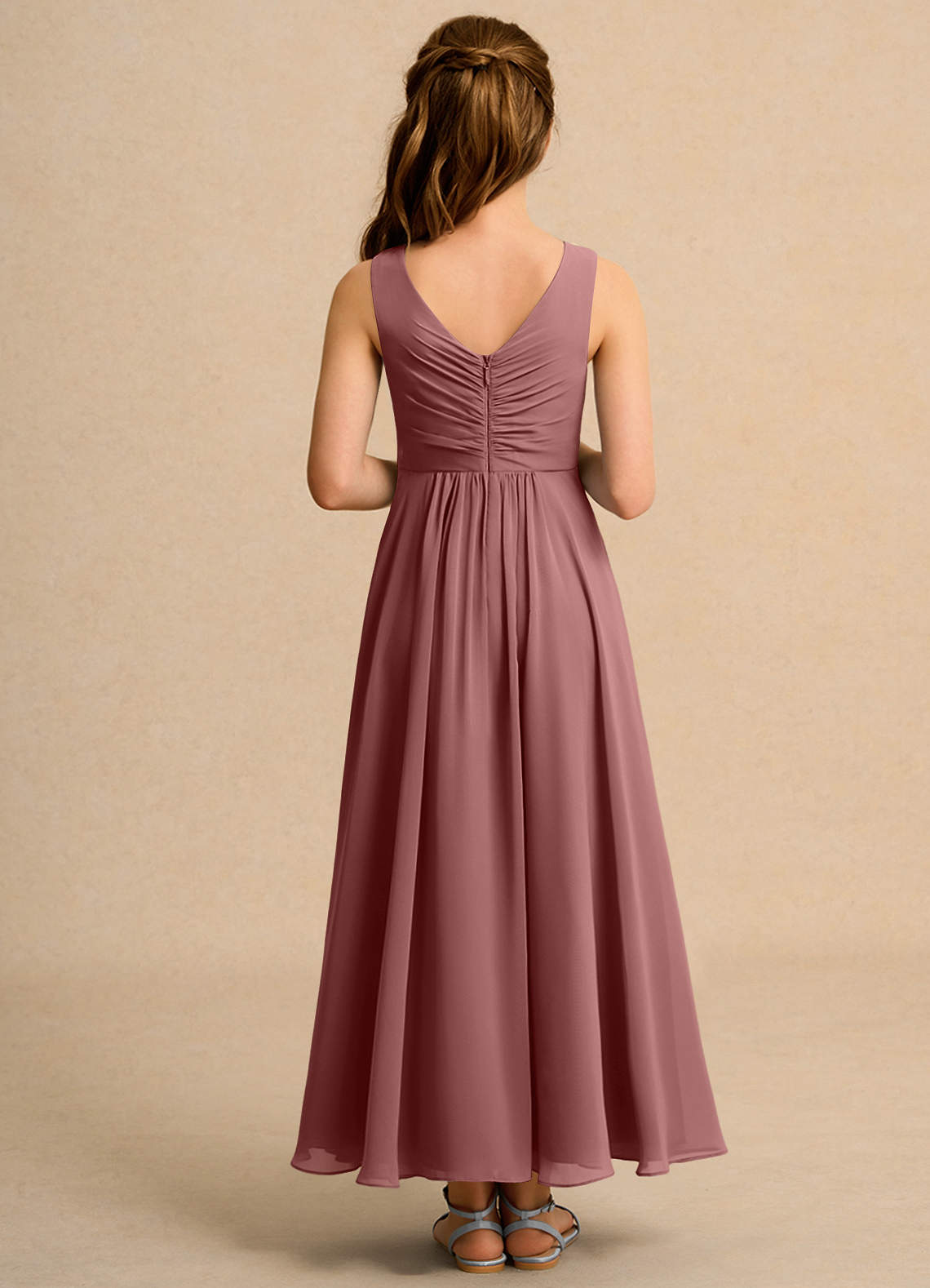 Azazie Ducky Girls Formal Robe Demoiselle D'honneur Fillette Robe Trapèze en Mousseline de soie Plissée Rose Du Désert image1