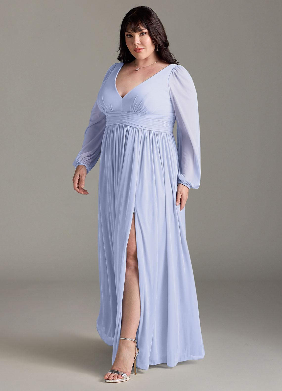 Azazie Norah Vestidos de damas de honor Vestido de Lavanda de Gasa de Corte en A con Manga larga con cuello en V image10