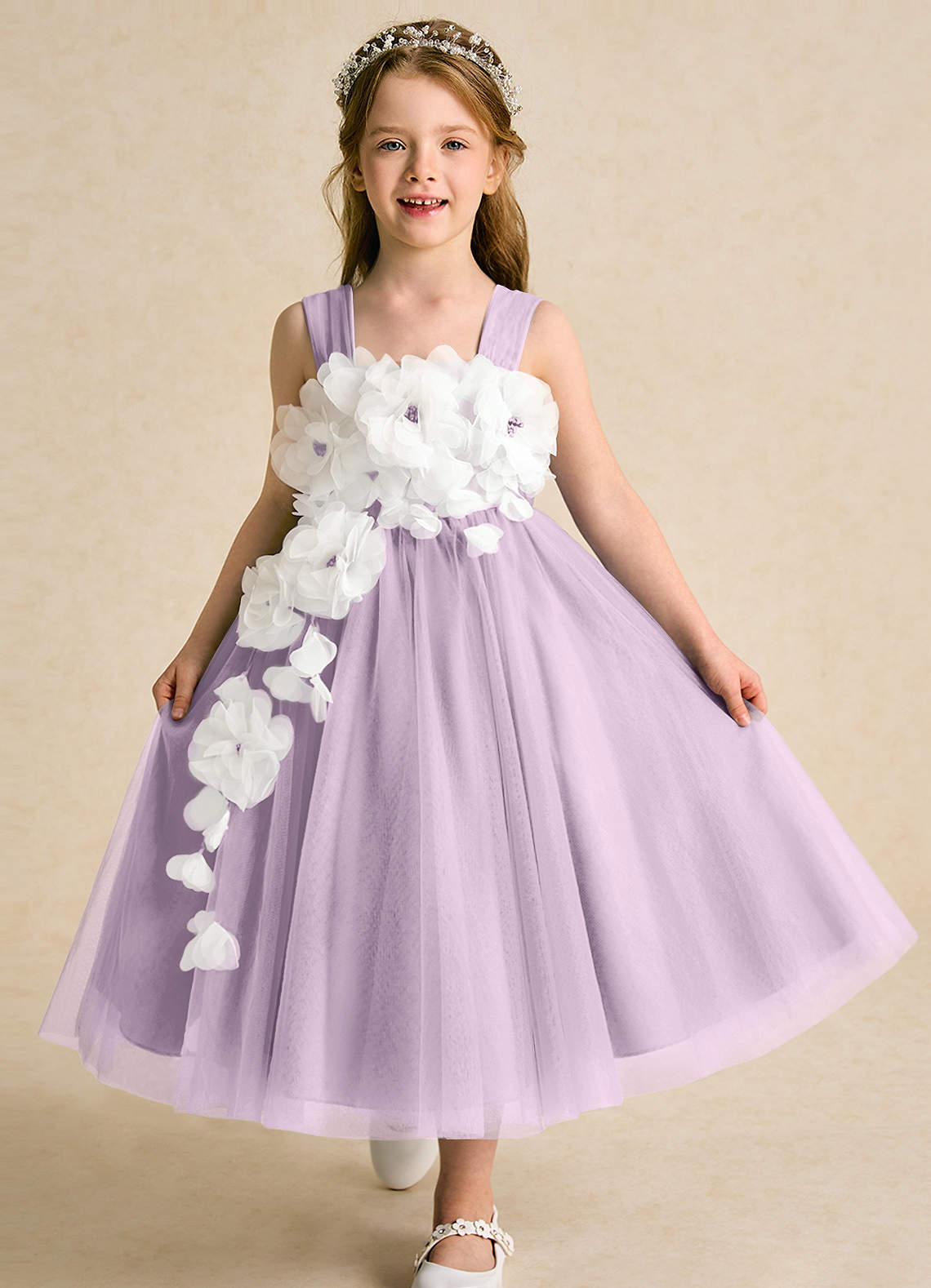 Azazie Dovey Jurken voor bloemenmeisjes Baljurk Jurk van Tule Boog Frosted Lila image1