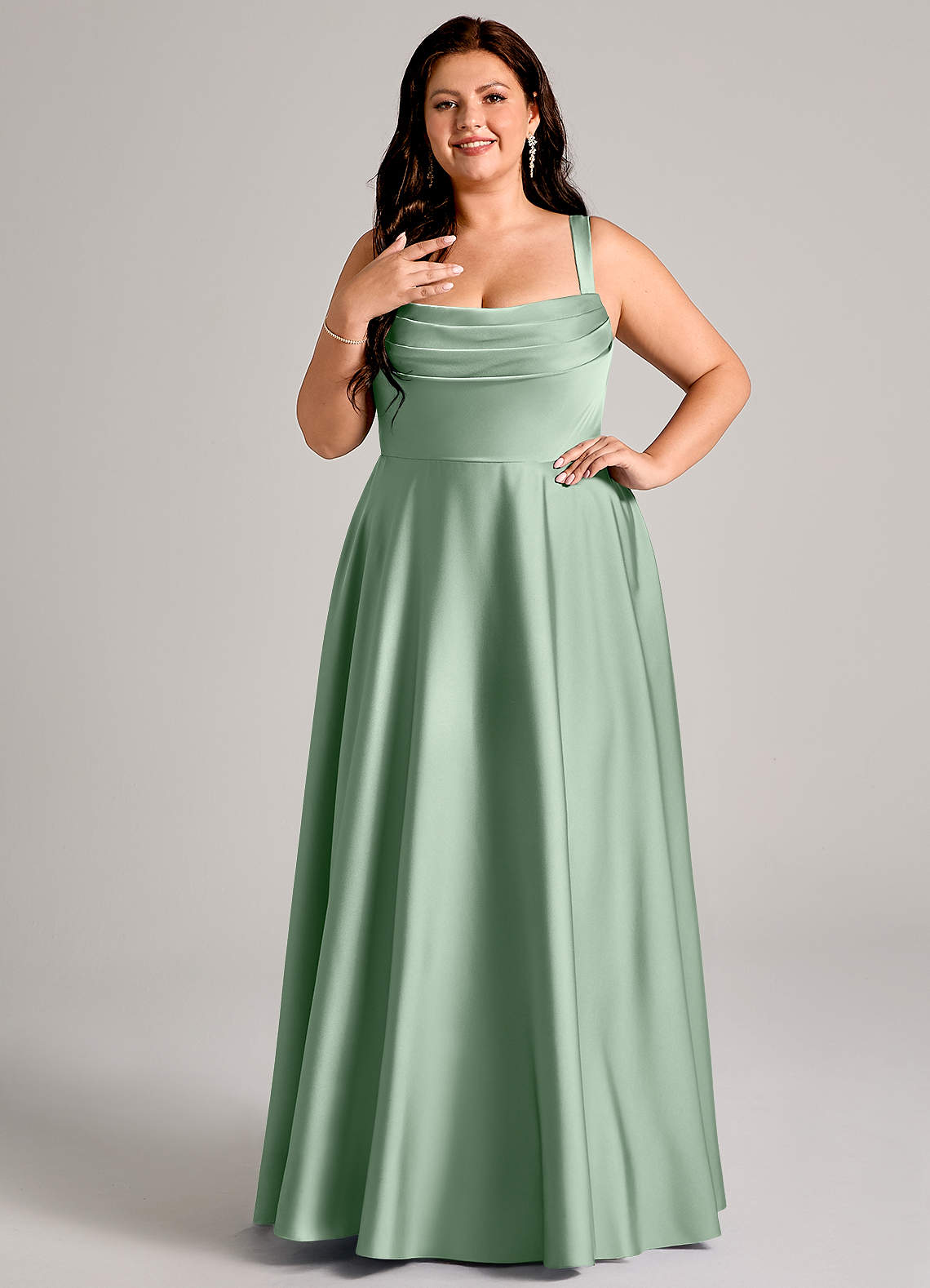 Azazie Shaude Bridesmaid Dresses Agave A-Line Pleated Stretch Satin Dress image1