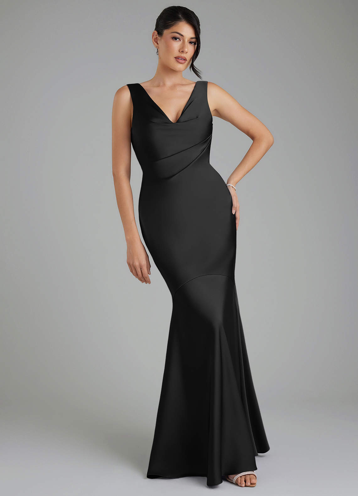 black pleated bridesmaid dresses Azazie Monica
