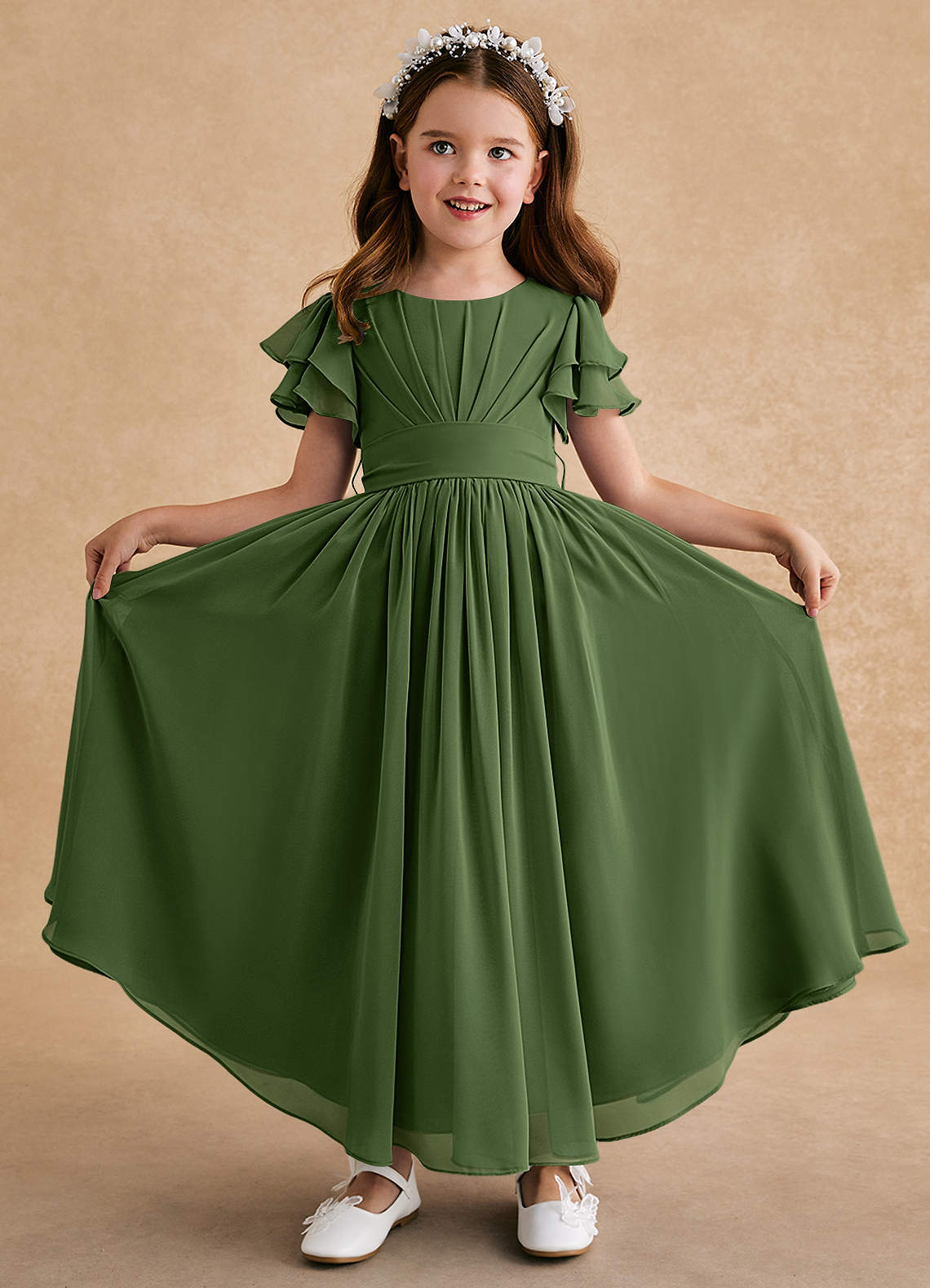 Azazie Ali Flower Girl Dresses Olive A-Line Pleated Chiffon Dress image1
