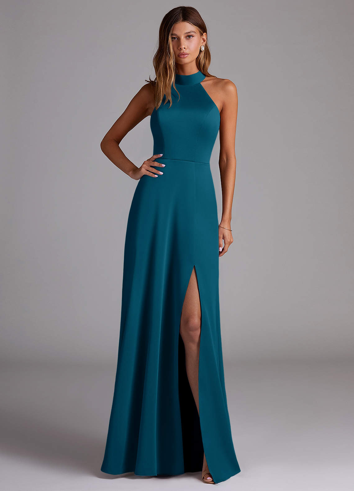 Azazie Myra Robes de demoiselle d'honneur Robe Trapèze en Satin extensible Fente Latérale Bleu Encre image1