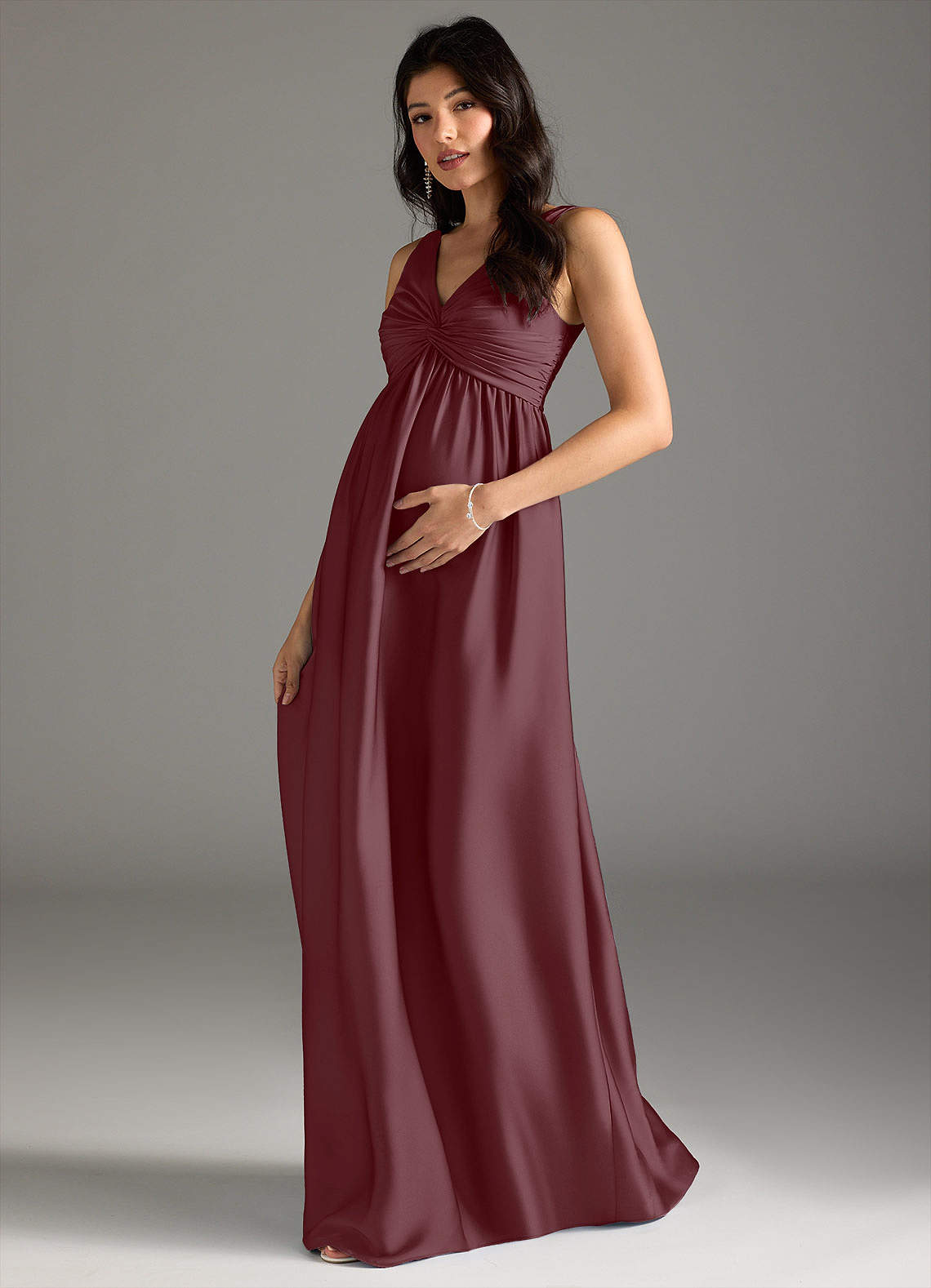 Azazie Yetta Maternity Bridesmaid Dresses A-Line Pleated Stretch Satin Floor-Length Dress image1