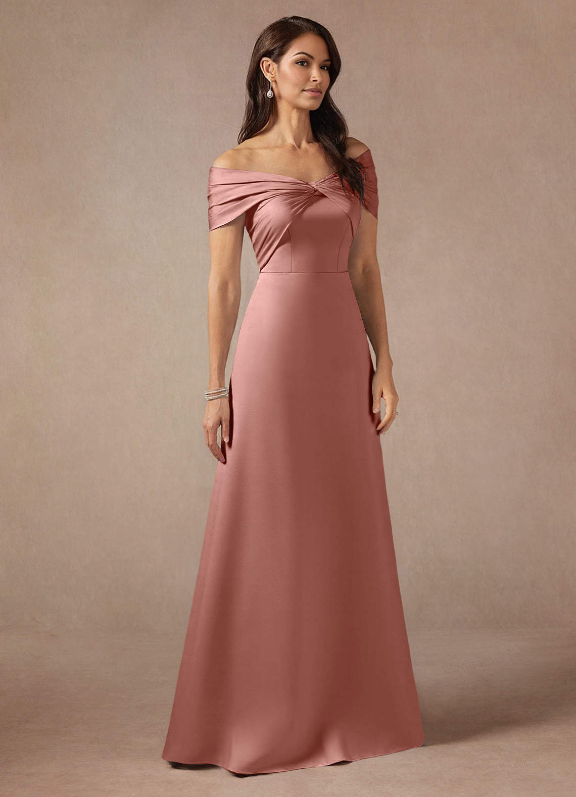 Azazie Amelia Mother of the Bride Dresses Rosette A-Line Off the Shoulder Stretch Satin Dress image3