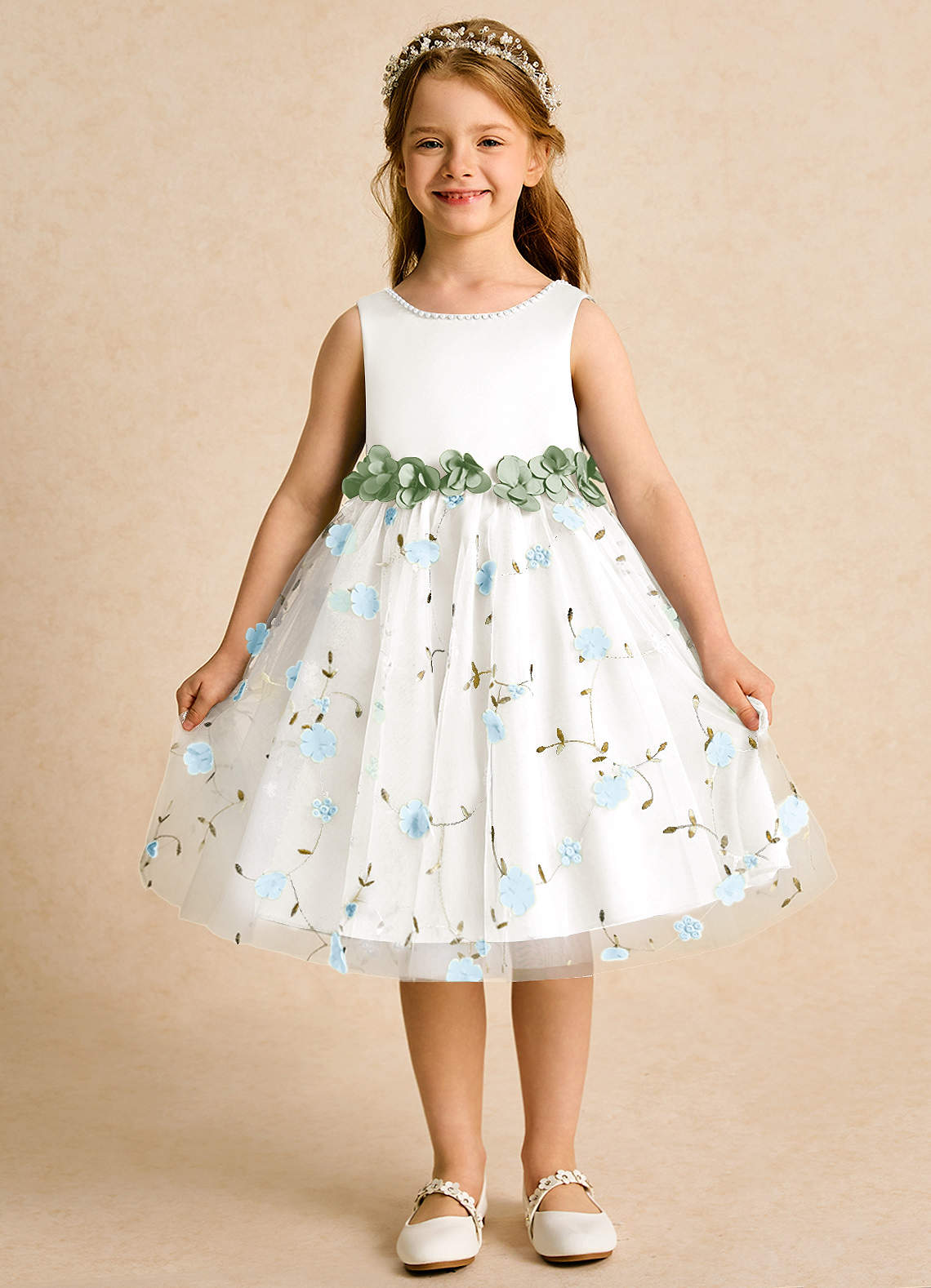 Azazie Starri Flower Girl Dresses Sky Blue Dusty Sage Ball-Gown Beaded Matte Satin Dress image1