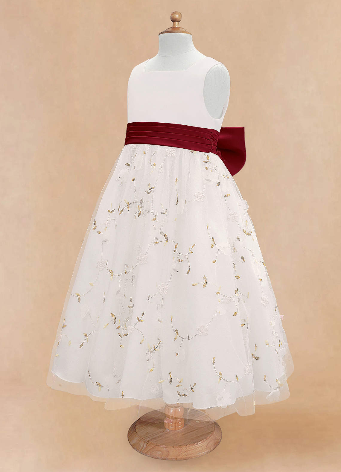 Azazie Pollie Flower Girl Dresses Ivory Burgundy A-Line Bow Tulle Dress image12