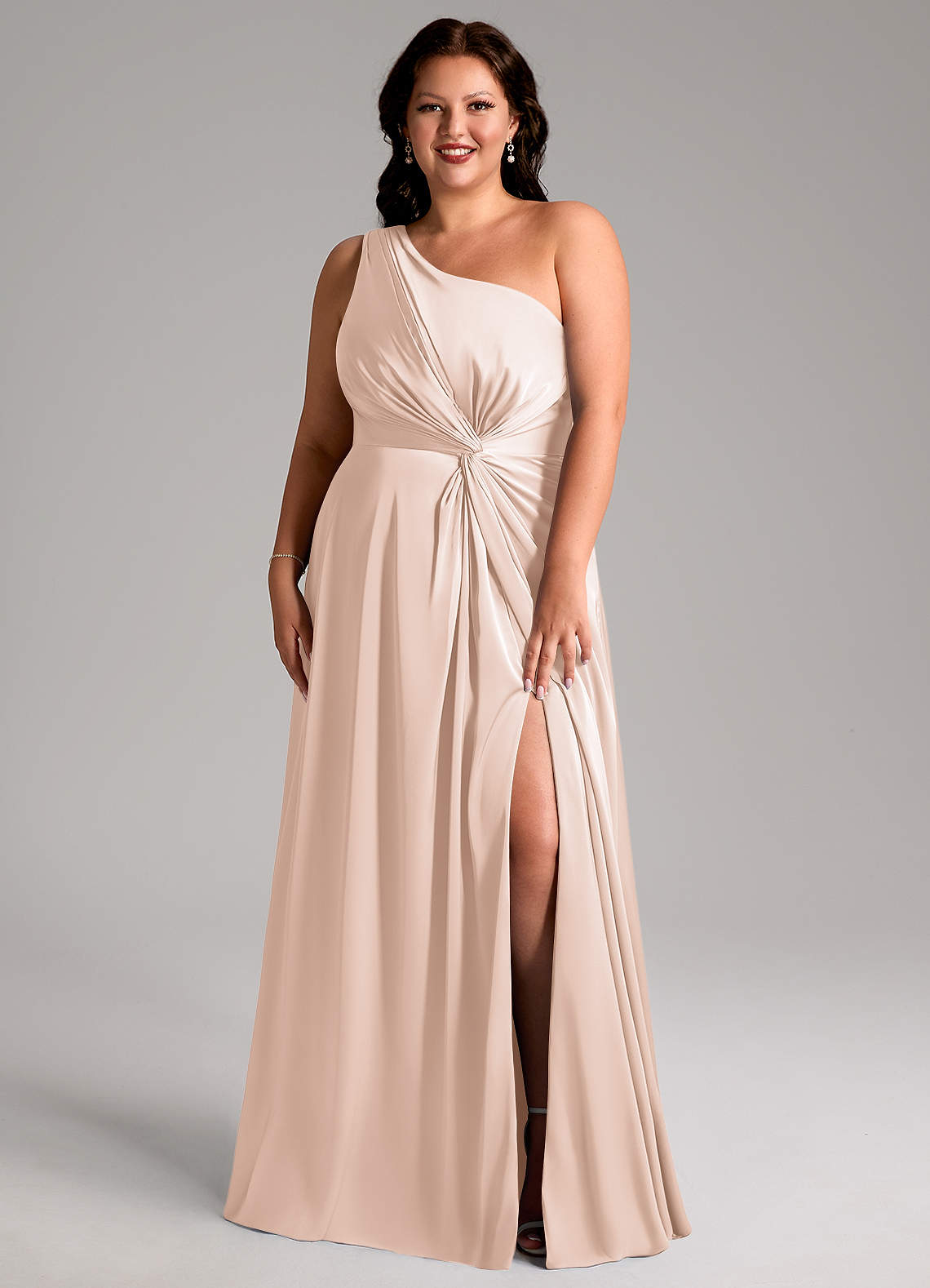 Azazie Brooke Vestidos de madrinha de casamento Vestido Rosa Corado de Cetim elástico de Linha A com Um ombro image7