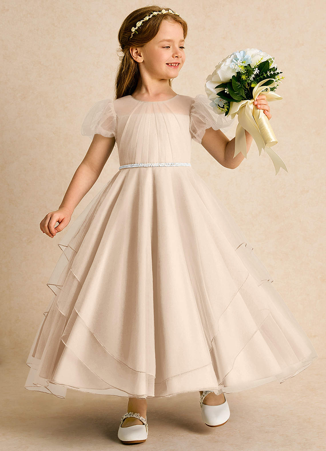Azazie Duckie Robe Demoiselle D'honneur Fillette Robe Princesse en Tulle Plissée Albâtre Blanc image1