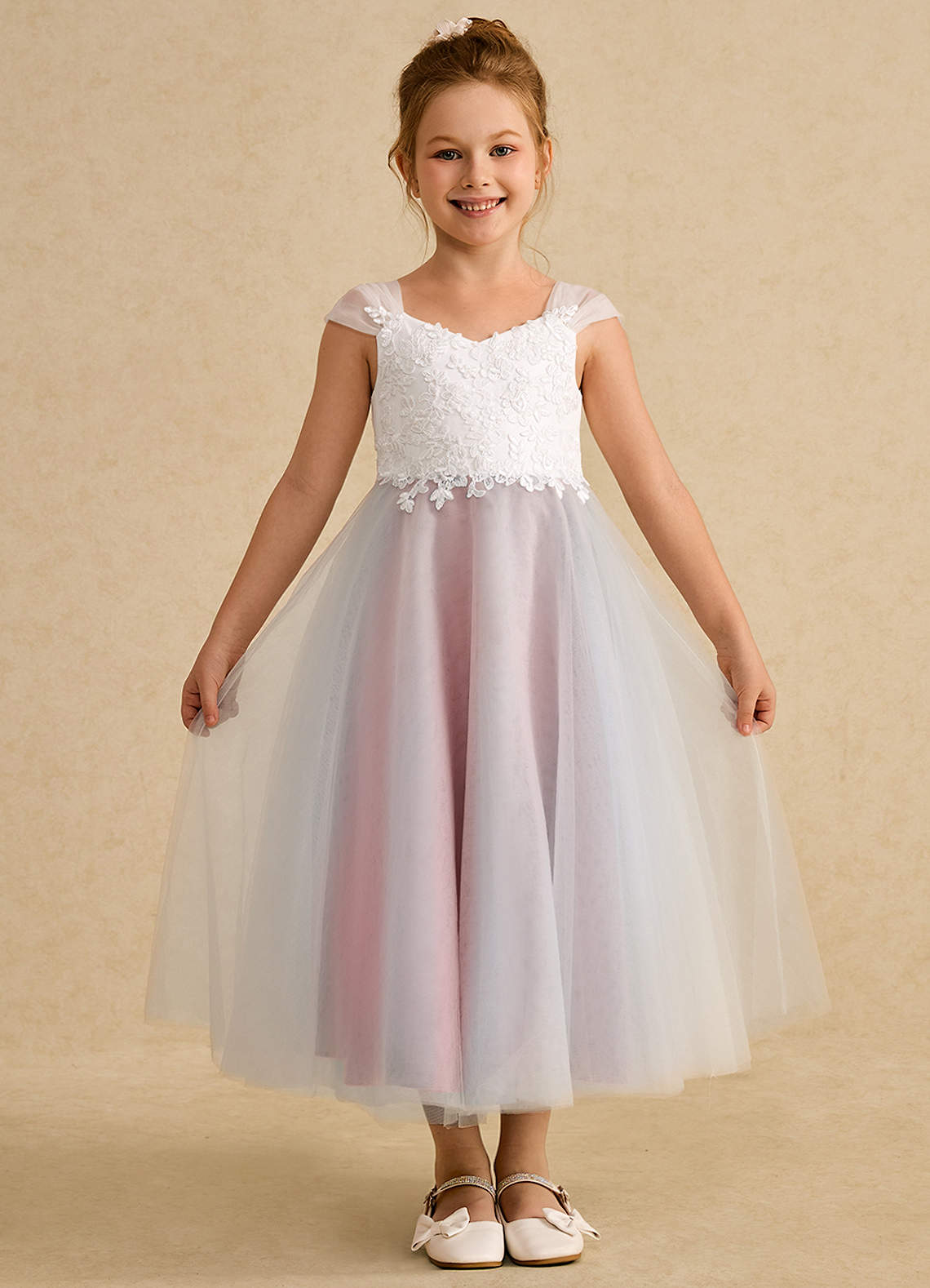 Azazie Momo Flower Girl Dresses Ivory Coral A-Line Lace Dress image1