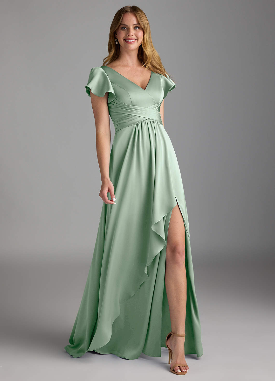 Azazie Omari At-home Try On Dresses Agave A-Line Stretch Satin Dress image1