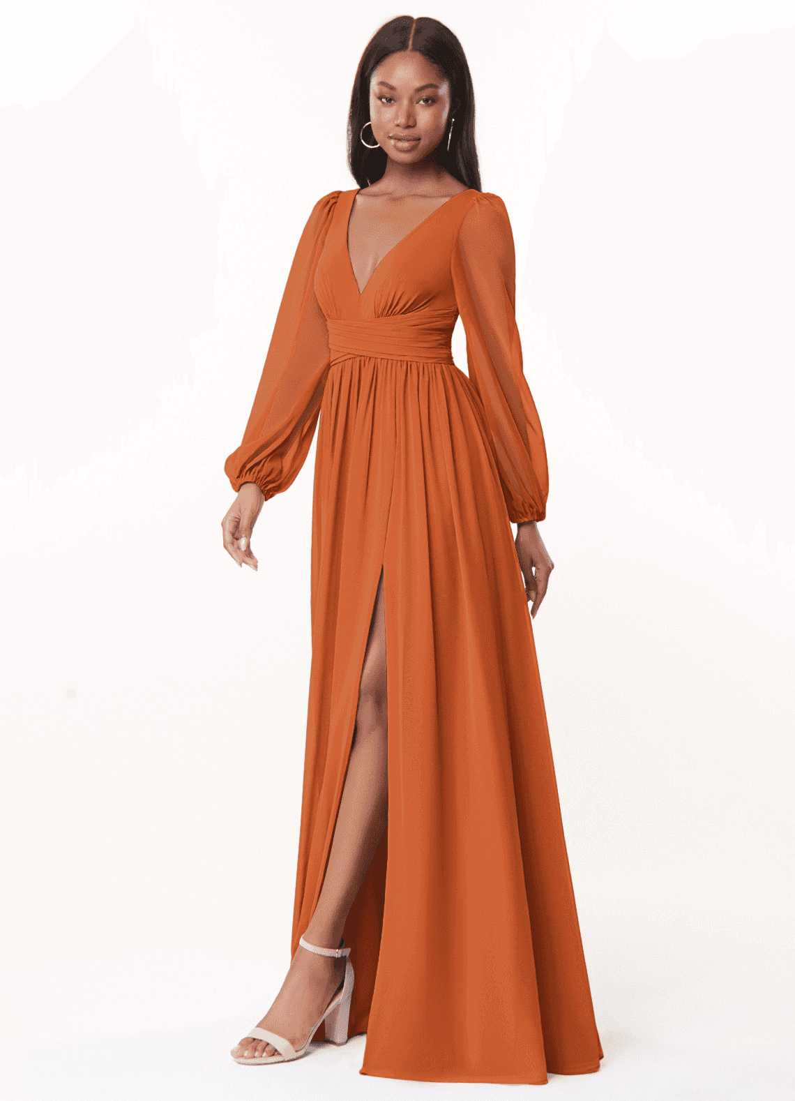 Azazie Norah Bridesmaid Dresses Cinnamon A-Line V-Neck Long Sleeve Chiffon Dress image3