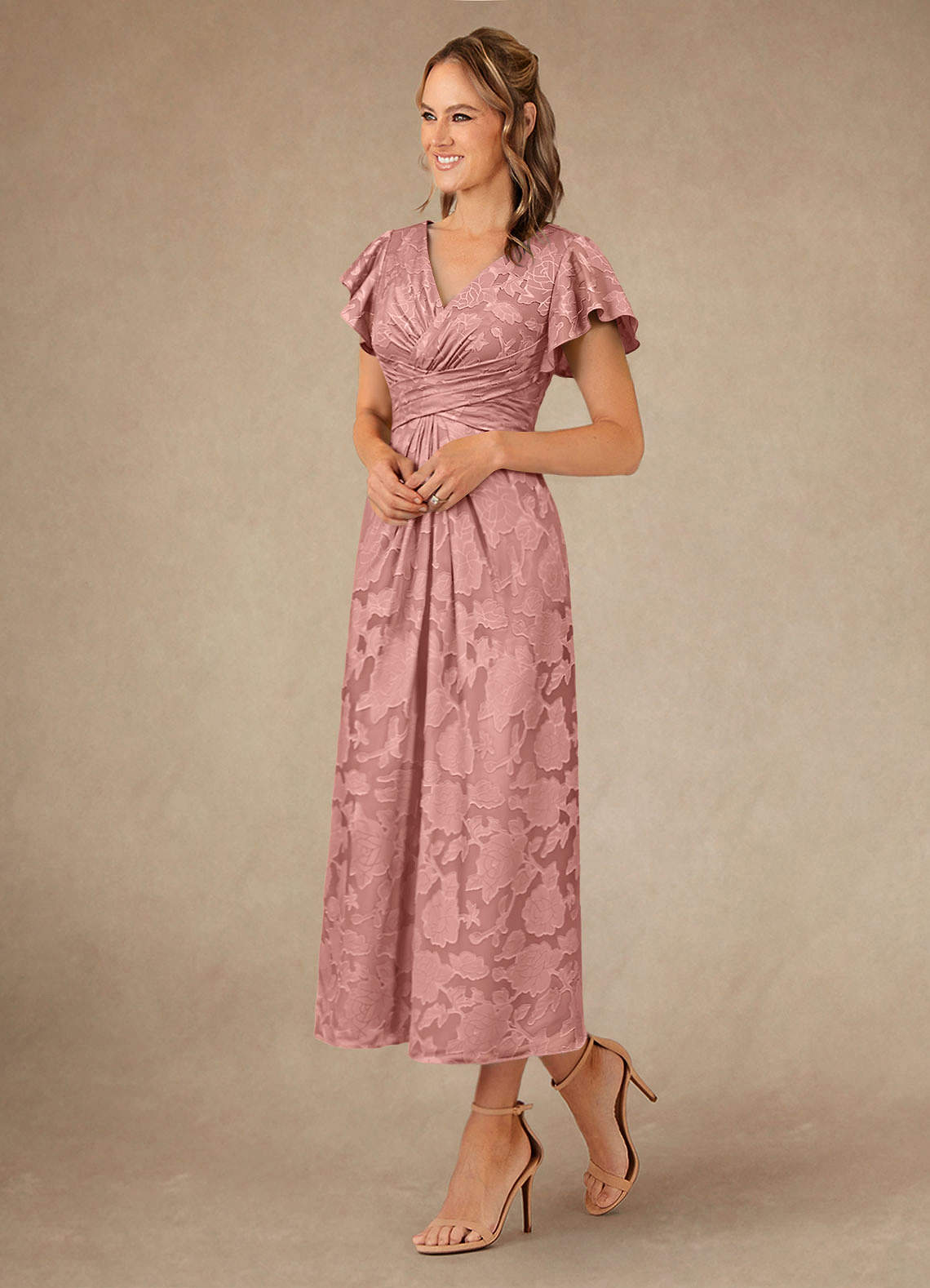 Azazie Vera Mother of the Bride Dresses Rosette A-Line Pleated Floral Burnout Dress image1