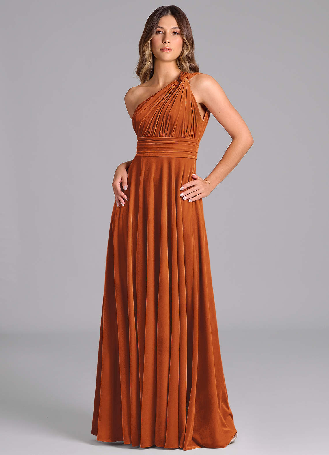 Azazie Charlize Bridesmaid Dresses Burnt Orange A-Line One Shoulder Velvet Dress image4