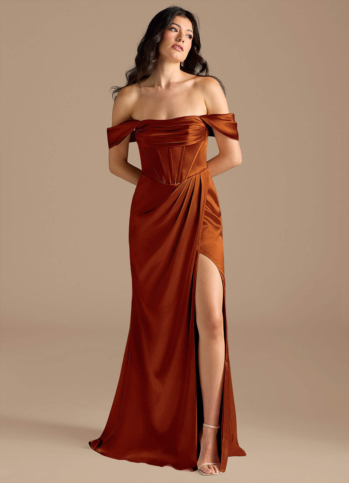 Azazie Lynden Bridesmaid Dresses Auburn Sheath Off the Shoulder Metallic Satin Convertible Dress image1