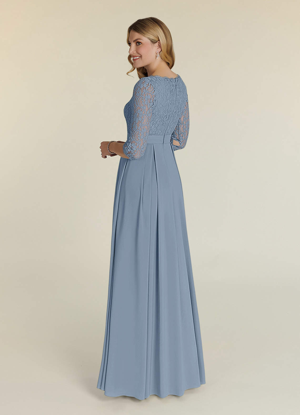 Dusty Blue A-Line Illusion Neckline Lace Bodice with Crystal Beading Mother of The Bride Dress