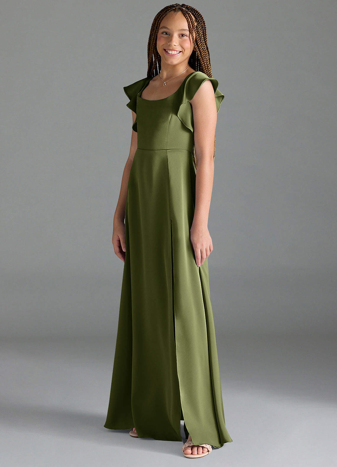 Azazie Bondi Junior Olive A-Line Side Slit Stretch Satin Dress image3