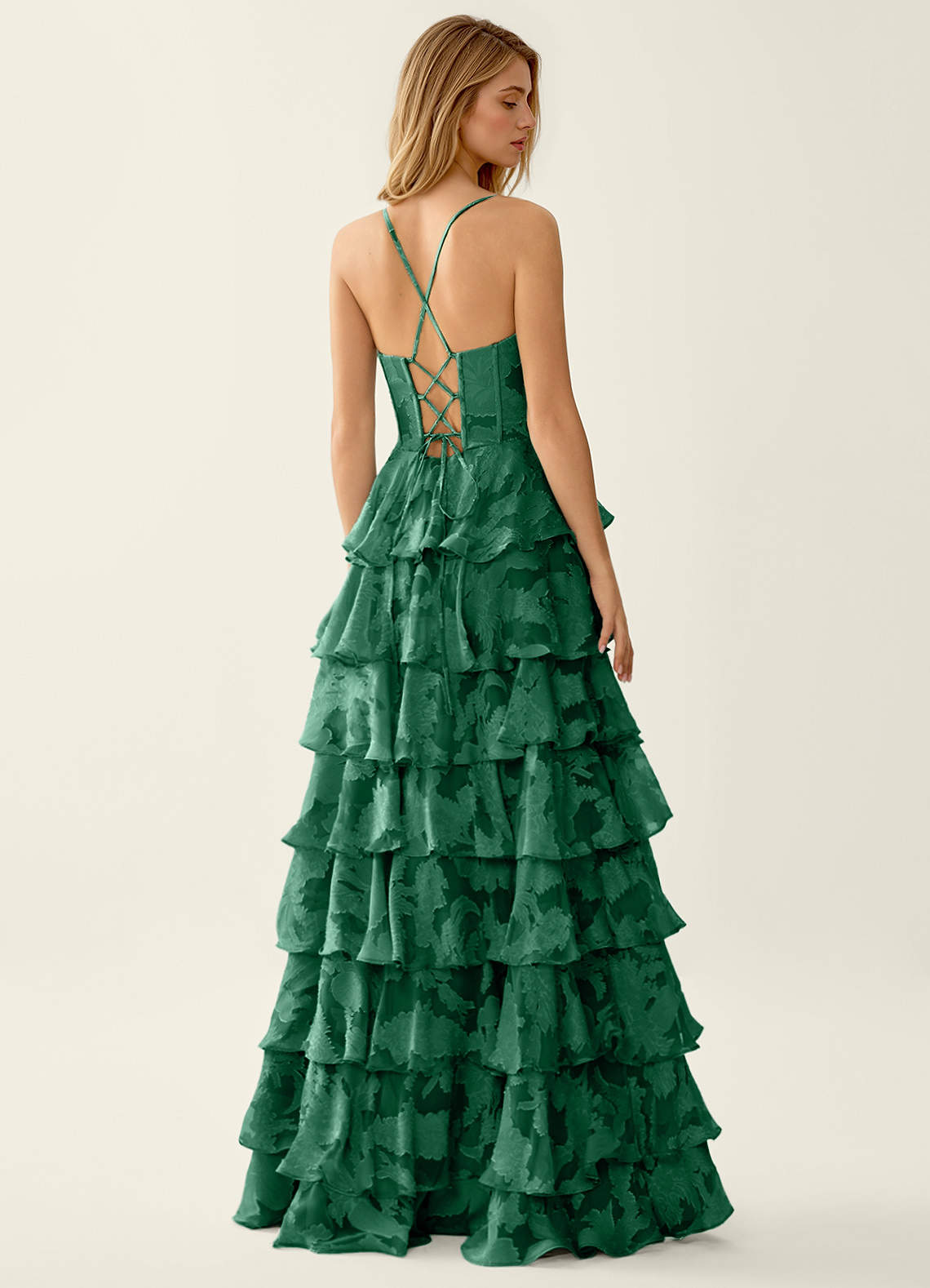 Wrenana Dark Green Textured Floral Jacquard Prom Dress