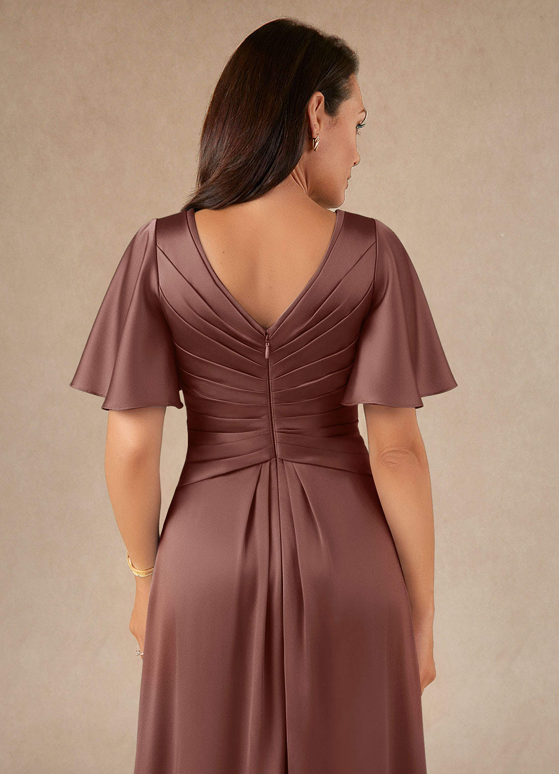 Azazie Emmeline Mother of the Bride Dresses Espresso A-Line Pleated Stretch Satin Dress image3