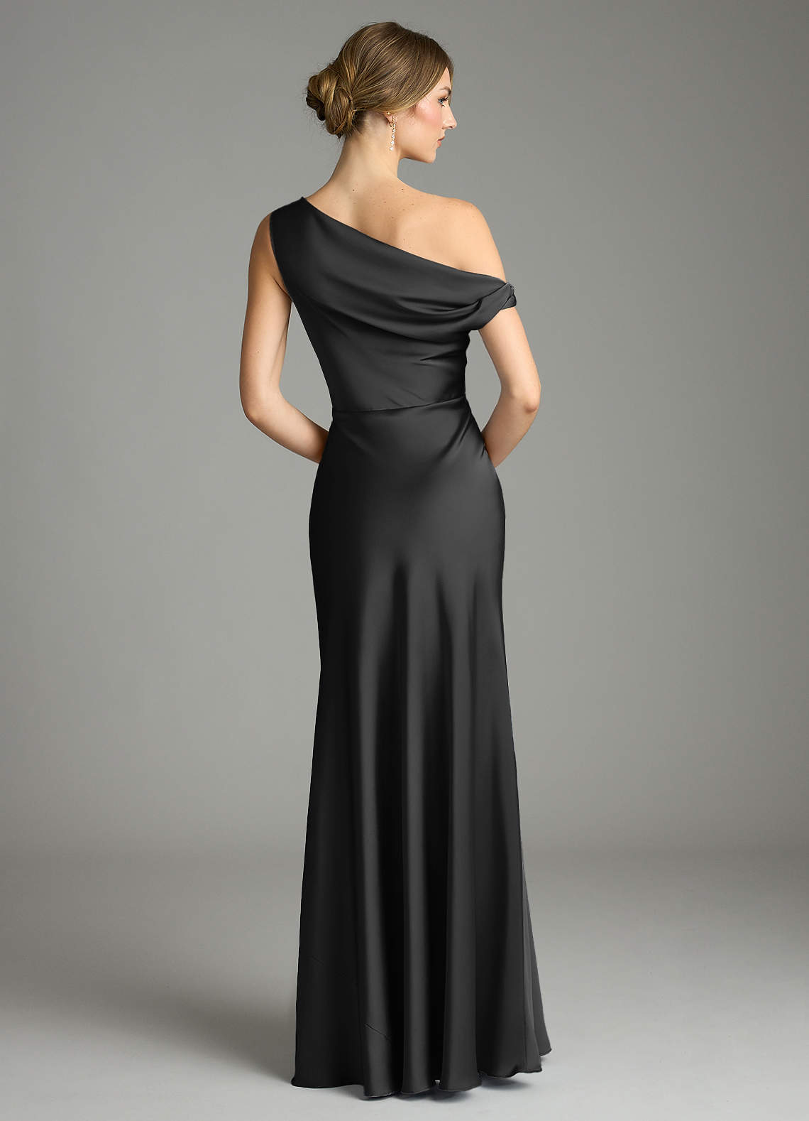 Azazie Emerson Bridesmaid Dresses Black Mermaid Off the Shoulder Stretch Satin Dress image1