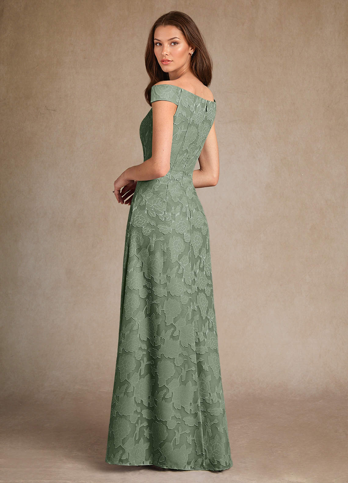 Azazie Moore Mother of the Bride Dresses Matcha A-Line Boatneck Floral Burnout Dress image1