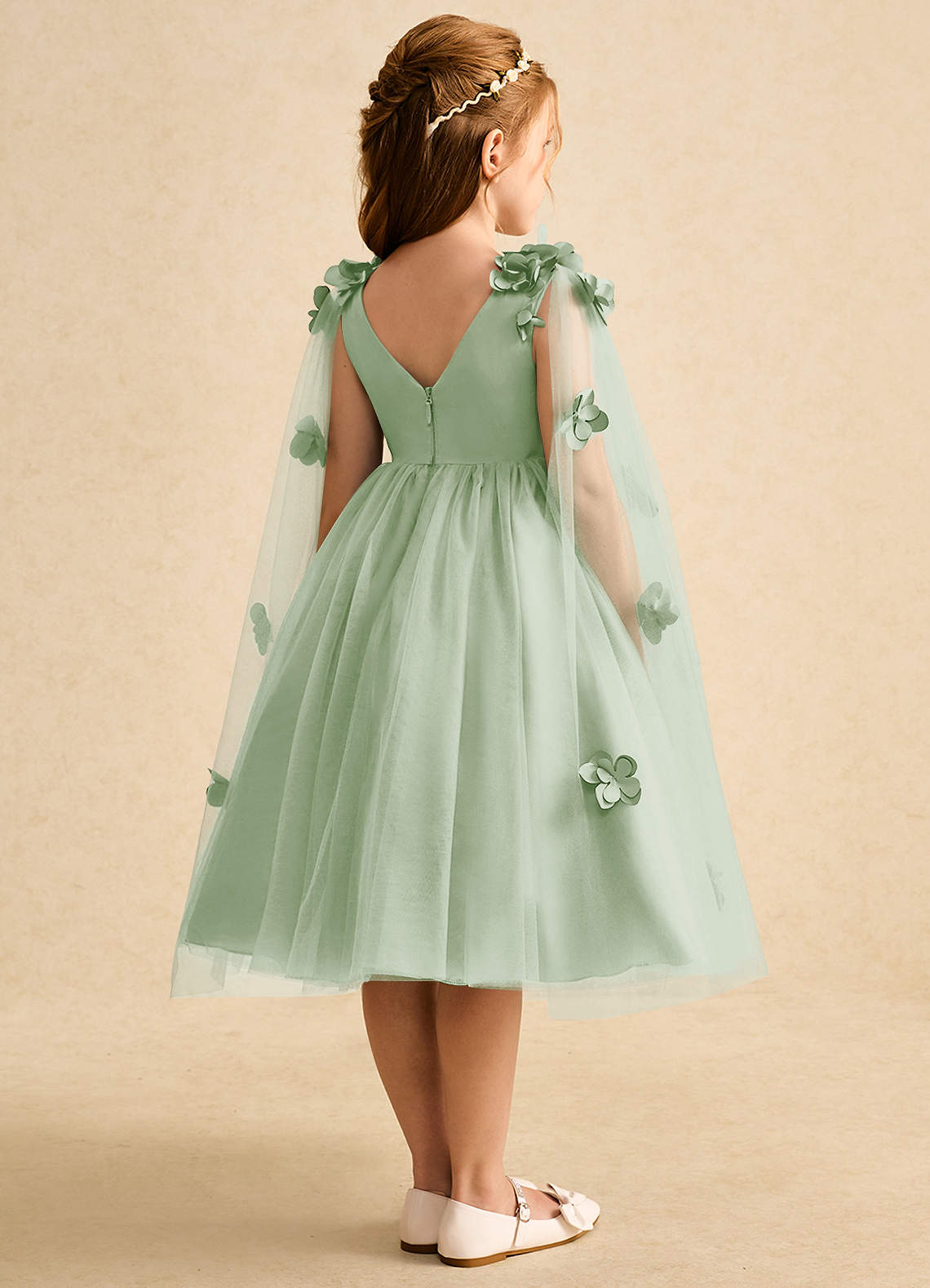 Azazie Staria Flower Girl Dresses Dusty Sage Ball-Gown Ruched Tulle Dress image8