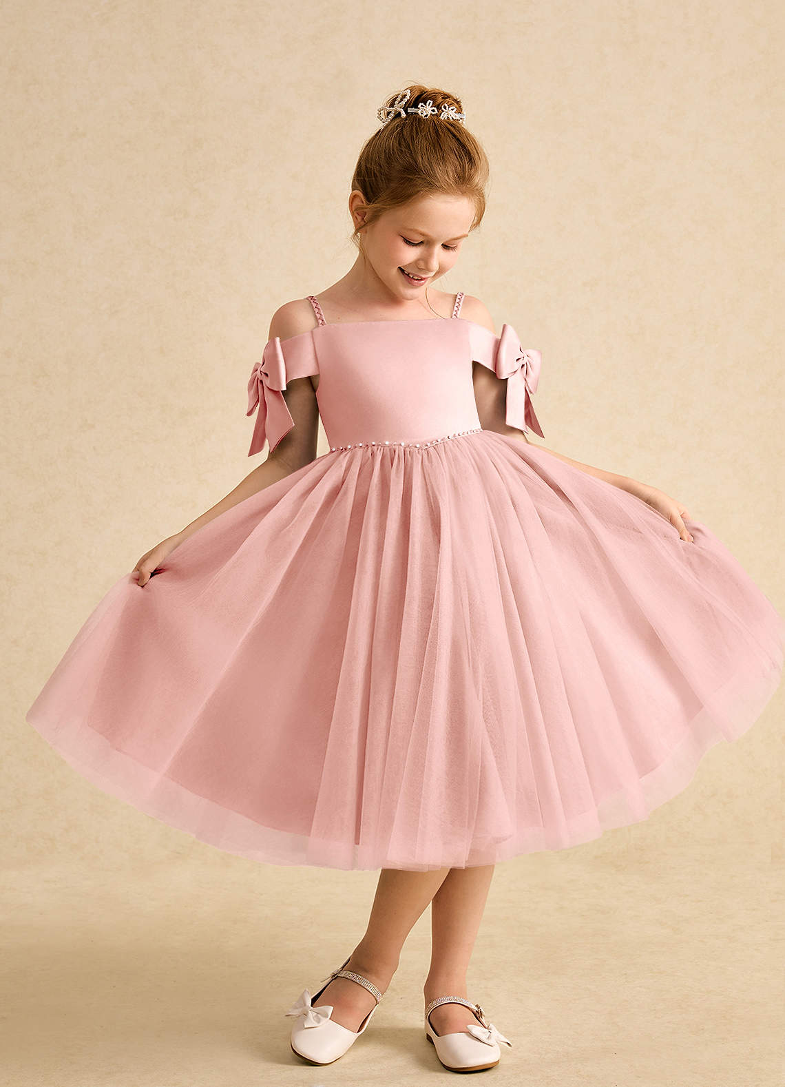 Azazie Amie Flower Girl Dresses Rosette A-Line Off the Shoulder Matte Satin Dress image1
