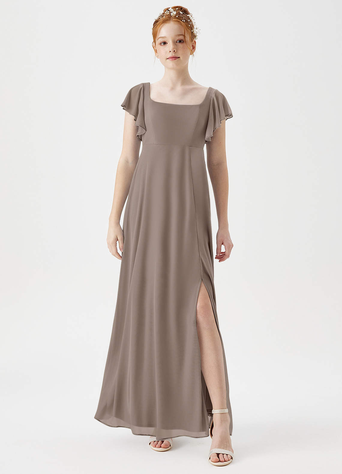 Azazie Bondi Junior A-Linie Seitliche Cut-Outs Gittergewebe Kleid Taupe image1