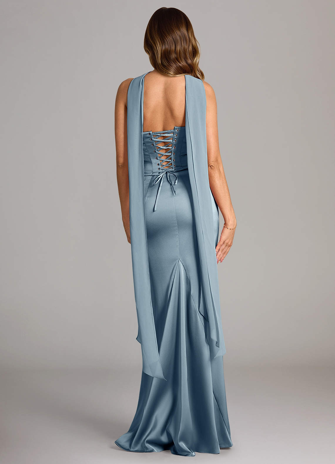 Azazie Sorrel Vestidos de damas de honor Vestido de Azul Polvoriento de Satén Elástico de Corte Sirena Convertible con Sin tirantes image1