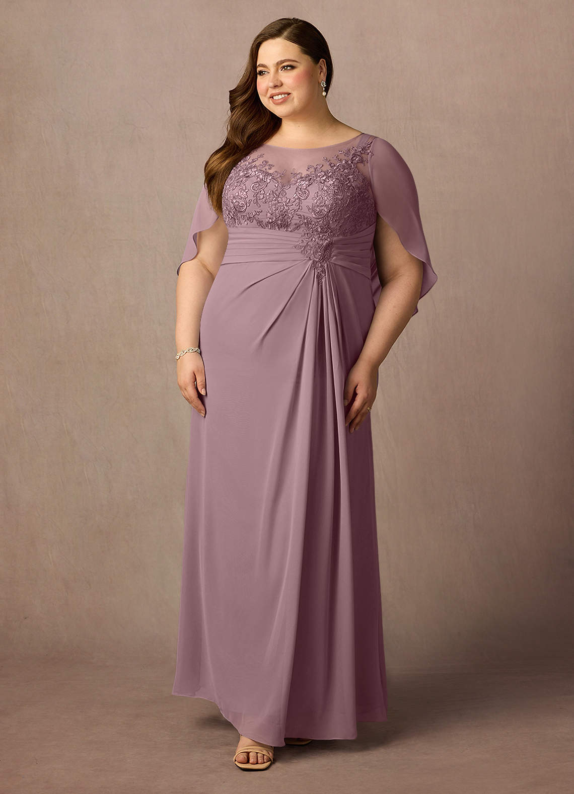 Azazie Hera Mother of the Bride Dresses Dusty Rose A-Line Lace Capelet Chiffon Dress image8