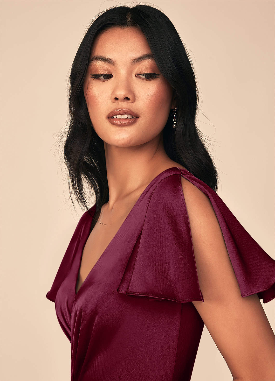 Azazie Soren Bridesmaid Dresses Mulberry A-Line Pleated Stretch Satin Dress image5