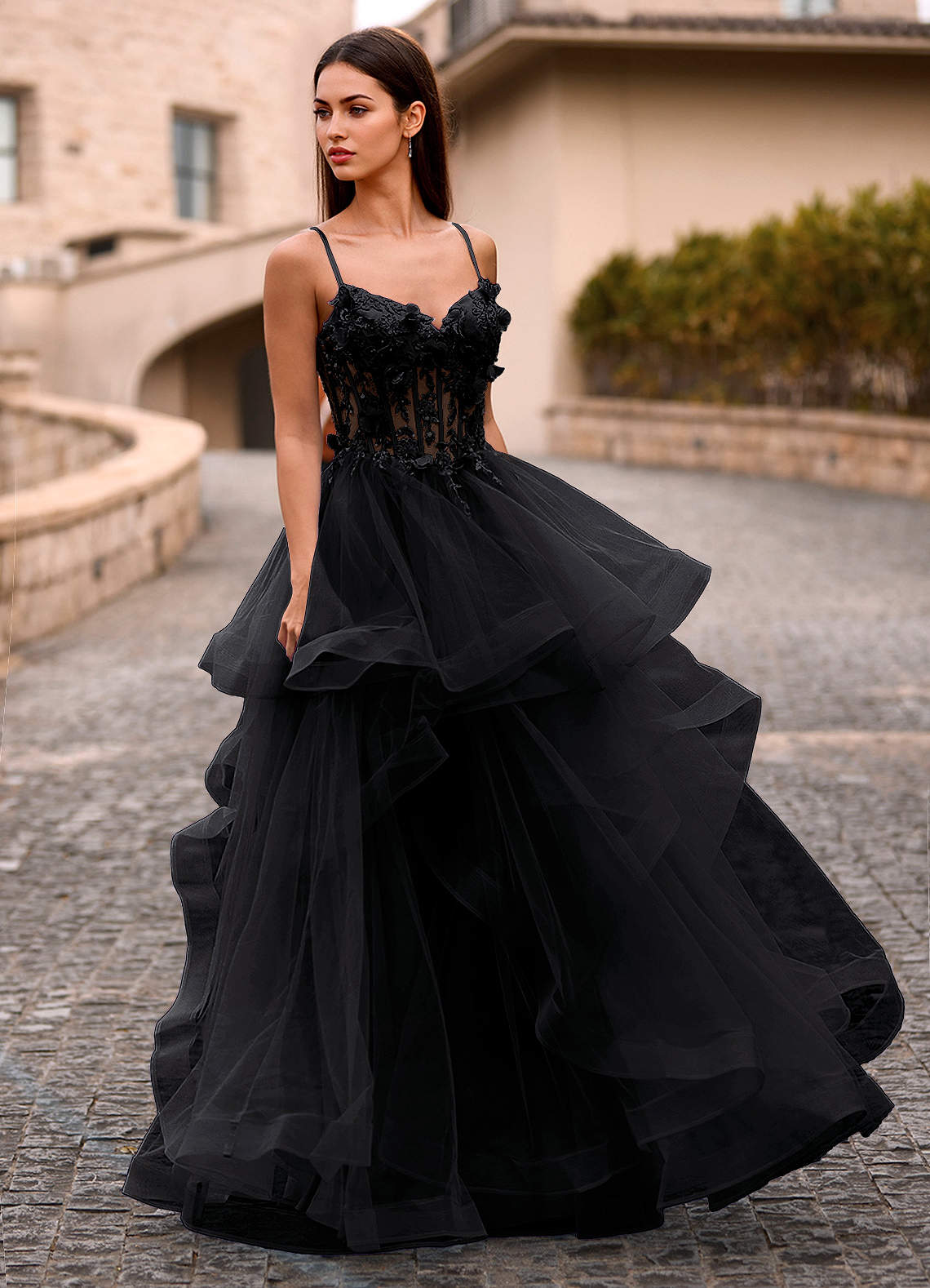 Dreama Black Lace Corset Ruffle Prom Dress