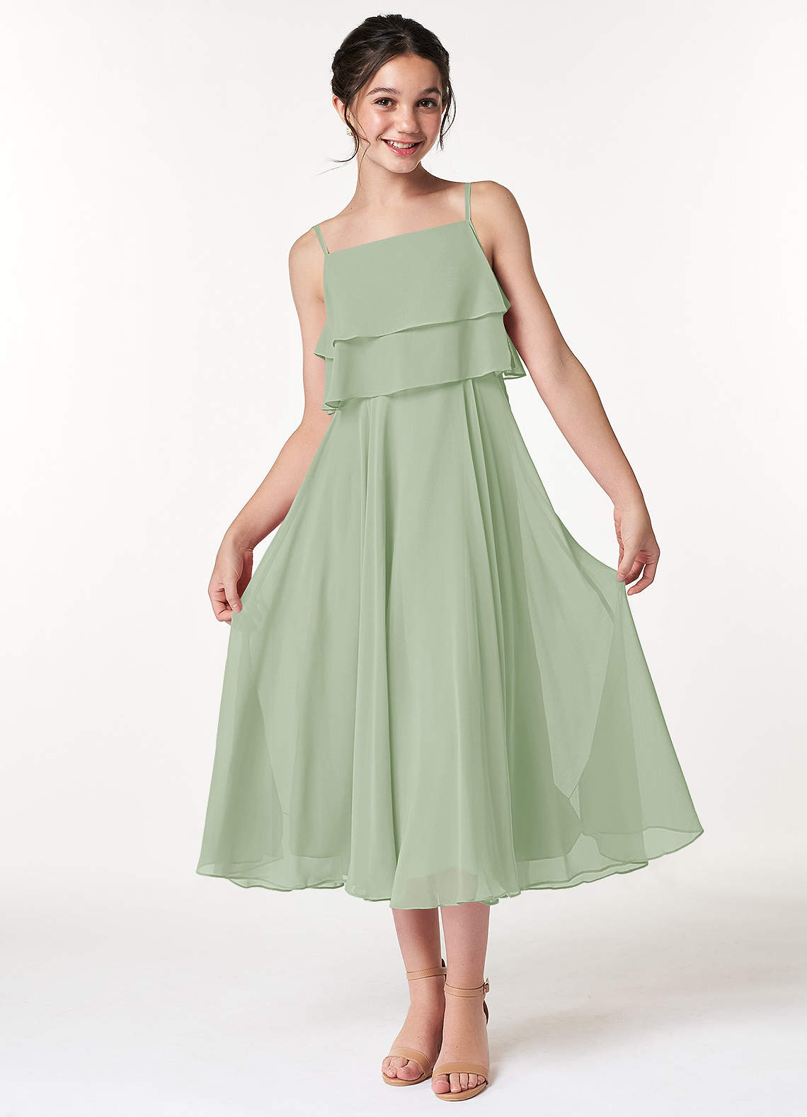 Azazie Ensley Junior Dusty Sage A-Line Pleated Chiffon Dress image1