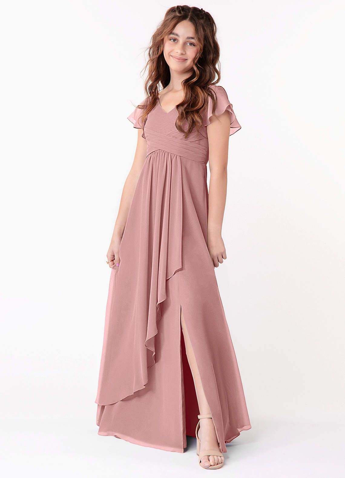 Azazie Omari Junior Dusty Rose A-Line Ruched Chiffon Dress image1