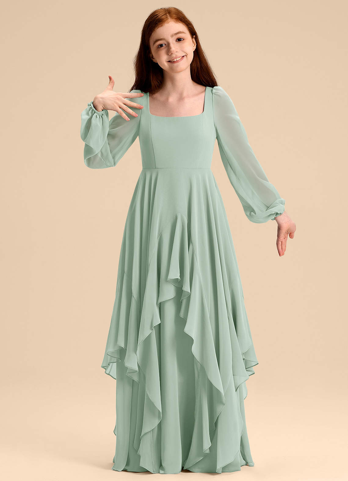 Azazie Clara Junior Agave A-Line Blouson Chiffon Dress image1