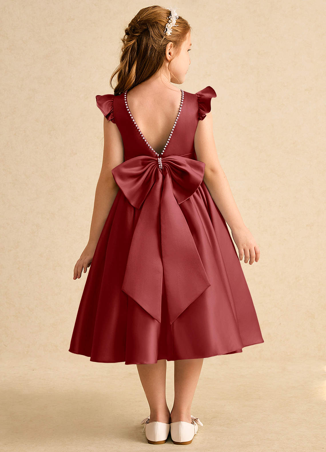 Azazie Dumpling Flower Girl Dresses Rust A-Line Bow Matte Satin Dress image1